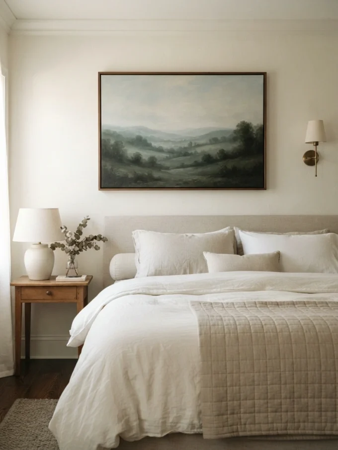 Bedroom with single large piece above the bed and neutral tones.