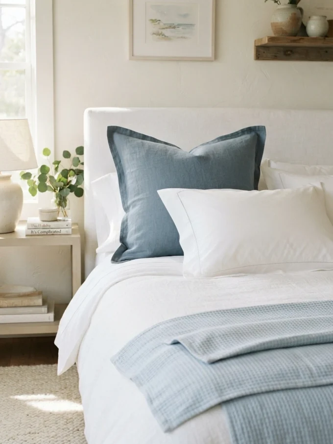 Bedroom with a central soft blue separating the main zone while keeping sightlines open.
