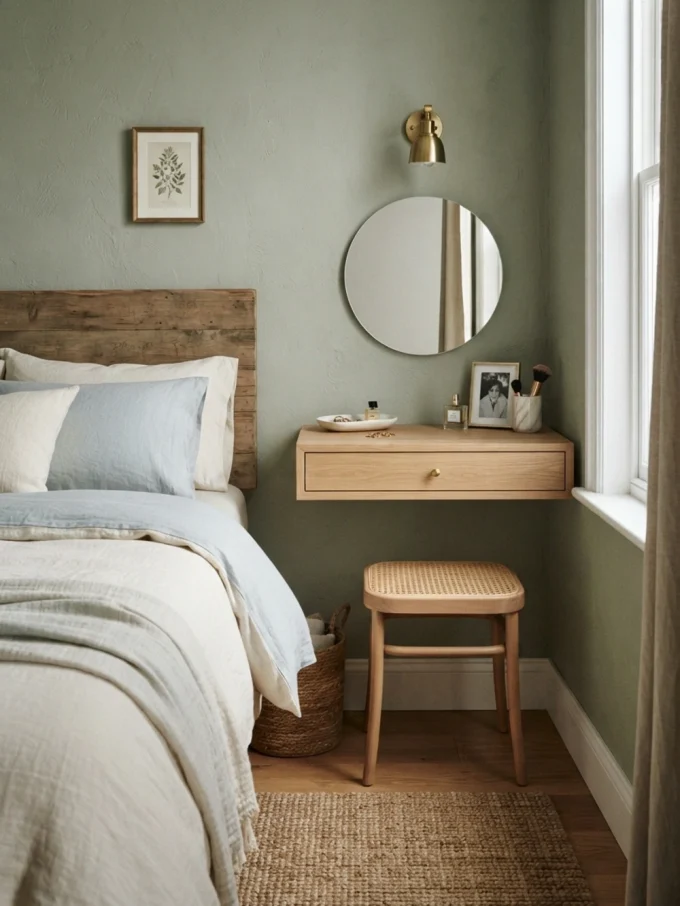 Bedside vanity layout with fit a slim vanity into the space beside the bed featuring slim vanity with one or two drawers.