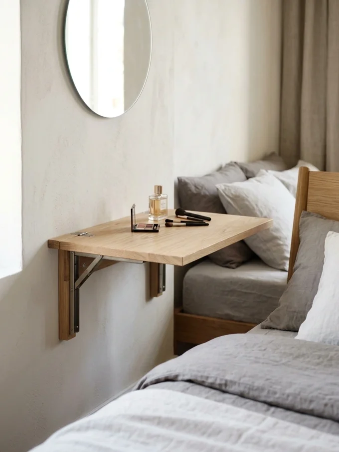 Bedside vanity layout with a fold-down bedside vanity featuring small compartments or wall-mounted organizers.