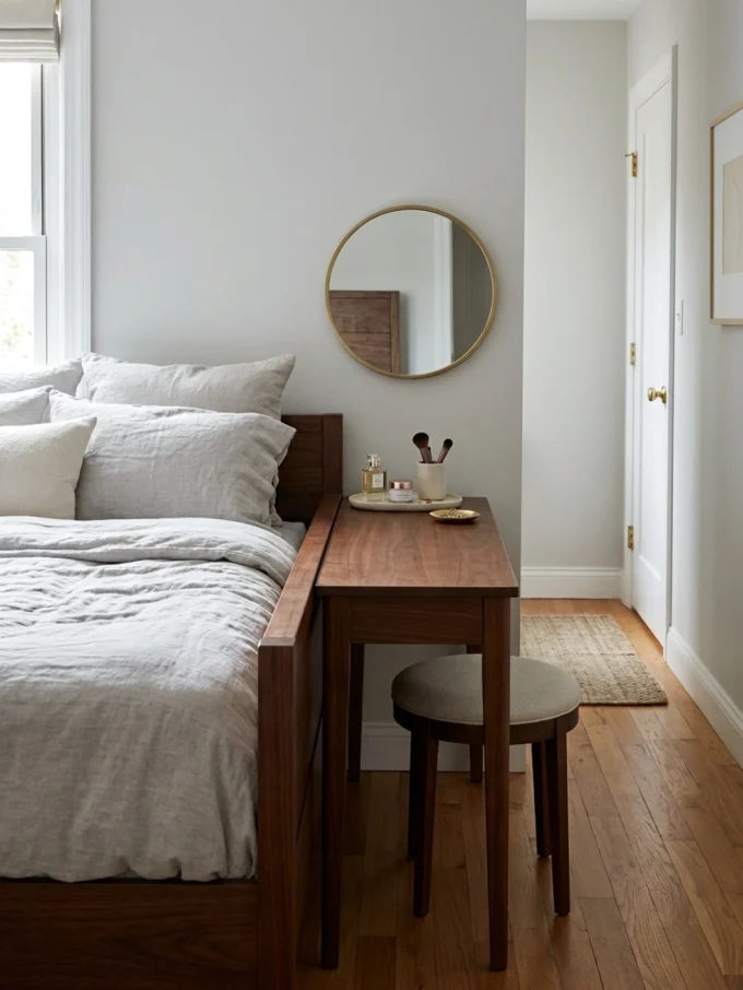 Bedside vanity layout with a narrow vanity at the foot of the bed.
