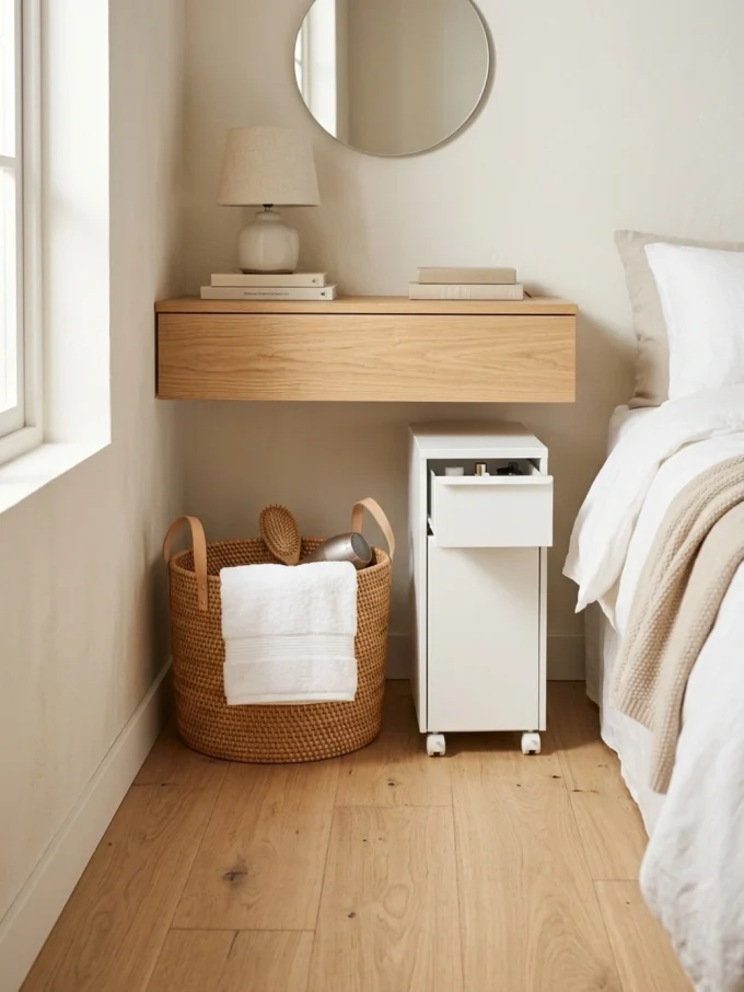 Bedside vanity layout with the space under the vanity for storage featuring slim basket and small rolling drawer unit.