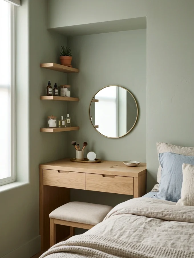 Bedside vanity layout with turn a bedroom nook into a built-in vanity featuring existing nook or recessed wall.