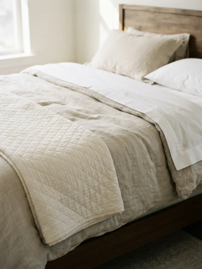 Nancy meyers bedroom with choose linen or cotton bedding featuring neutral tones and linen textures.