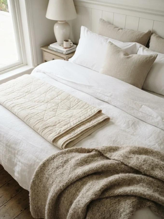 A classic nancy meyers look with layered white bedding featuring folded blanket at the foot of the bed, white finishes, and linen textures.