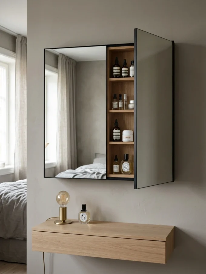 Bedside vanity layout with combine a mirror cabinet with the vanity.