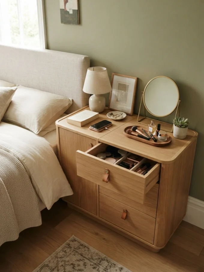 Bedside vanity layout with combine your vanity and nightstand featuring drawer underneath.
