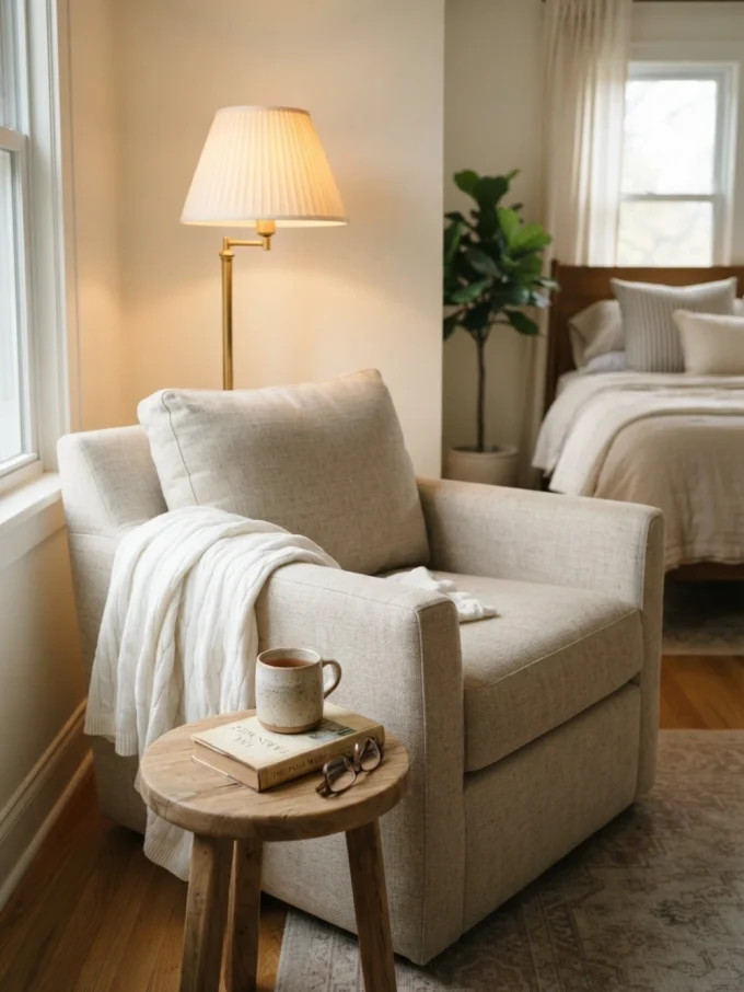 Bedroom with a compact dining table and light seating arranged as a corner breakfast nook.