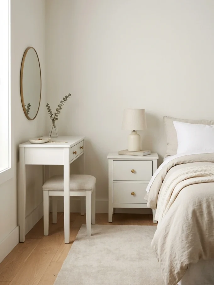 Bedroom connected by wood tones and white finishes.