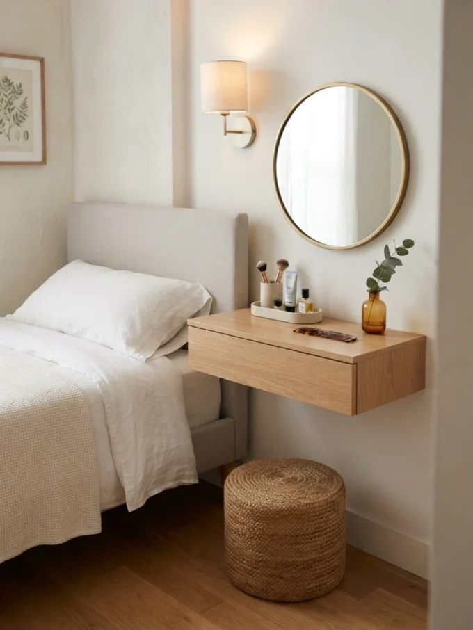 Bedroom with counter stools tucked beneath the counter, leaving the main walkway clear.