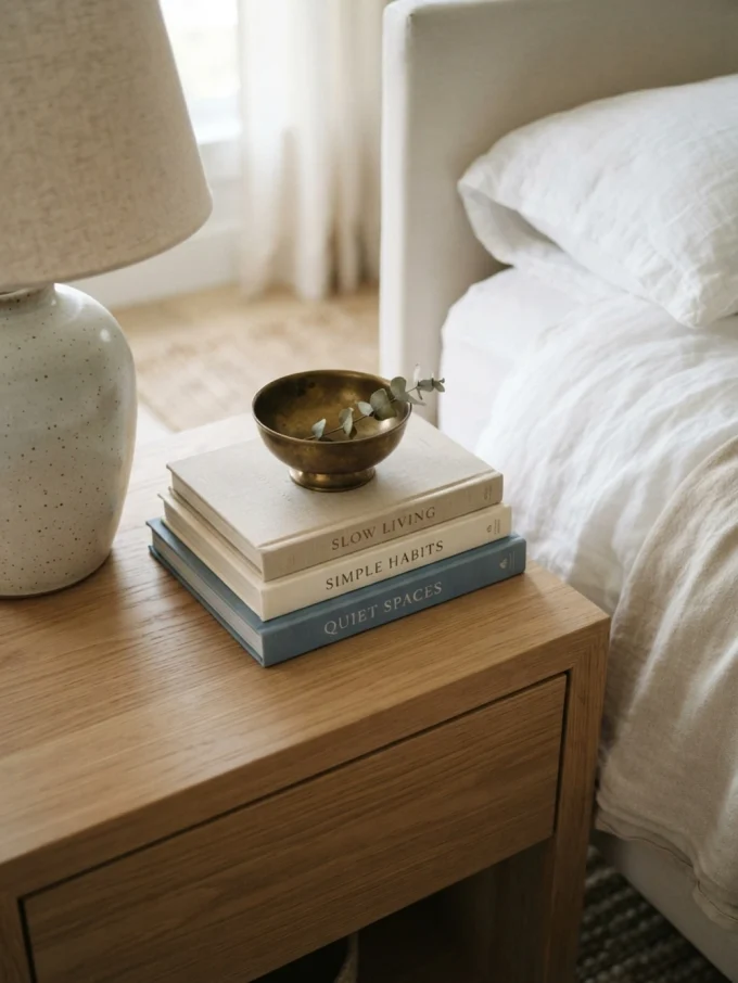 Nancy meyers bedroom with decorate the nightstand with books.