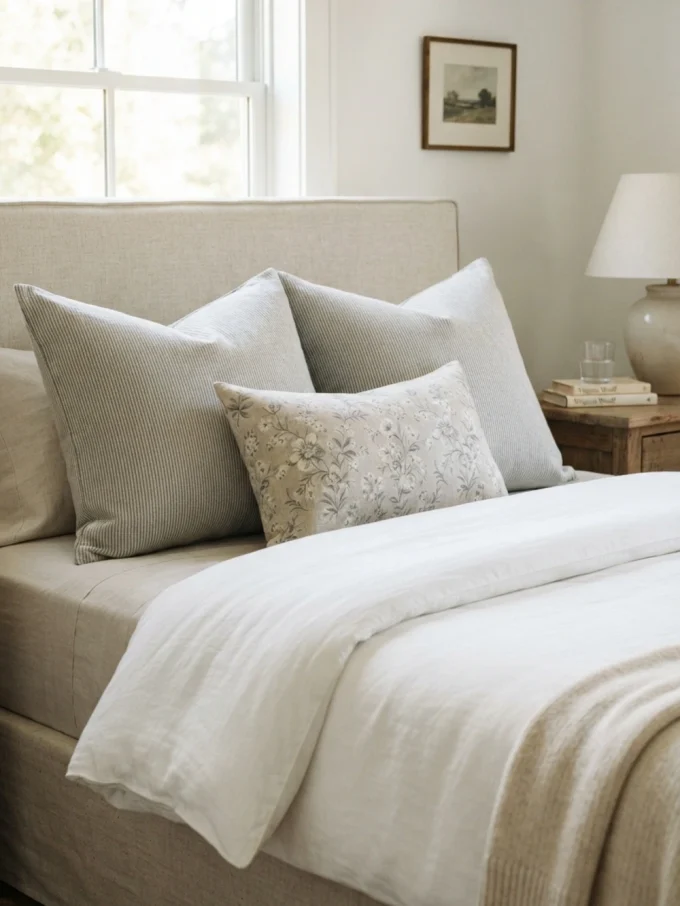 Nancy meyers bedroom with mix patterns carefully.