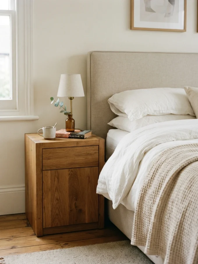 Nancy meyers bedroom with mix wood with soft fabrics featuring wood tones.