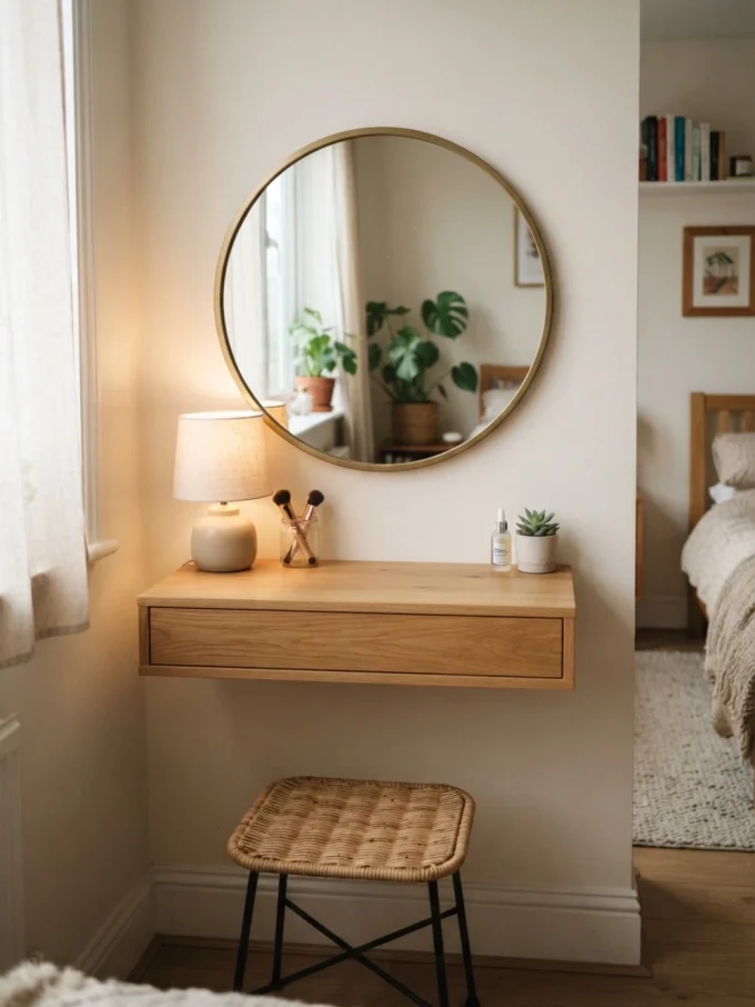 Bedside vanity layout with mount the mirror above the vanity.