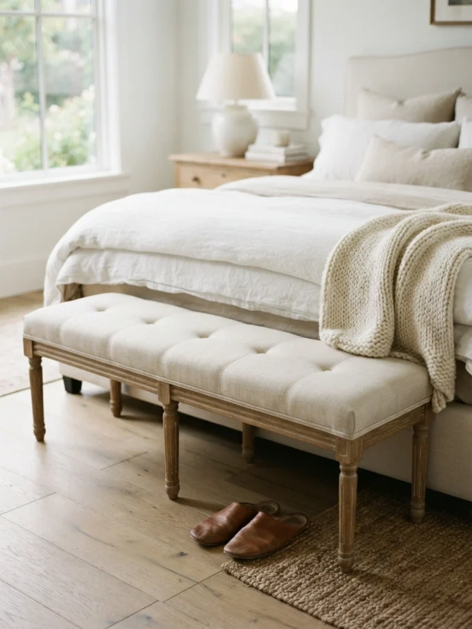 Nancy meyers bedroom with a bench at the end of the bed featuring linen textures, beige tones, and wooden bench.