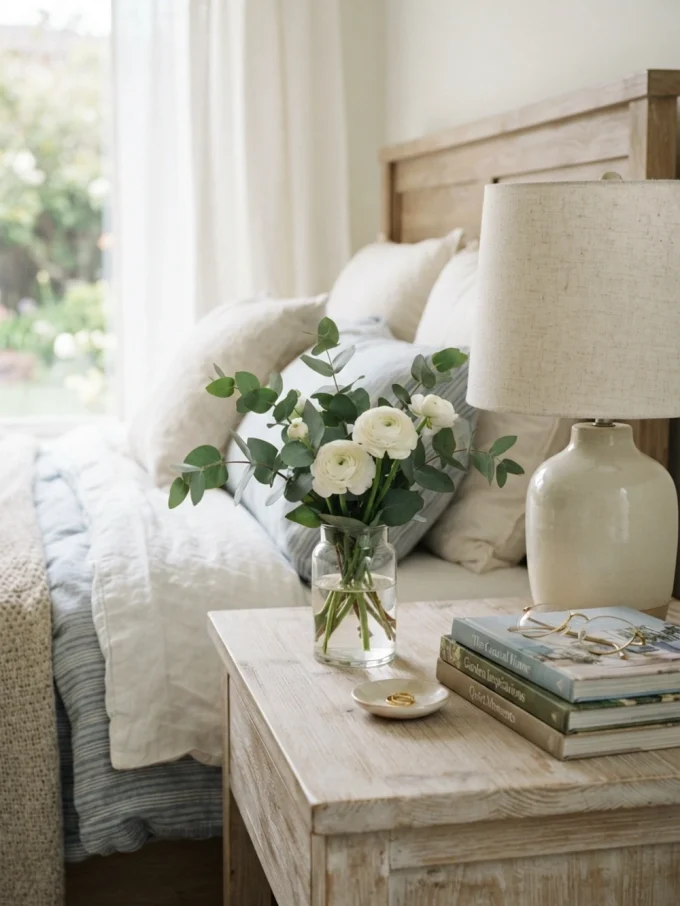 Nancy meyers bedroom with bring in fresh or faux flowers featuring finishes.