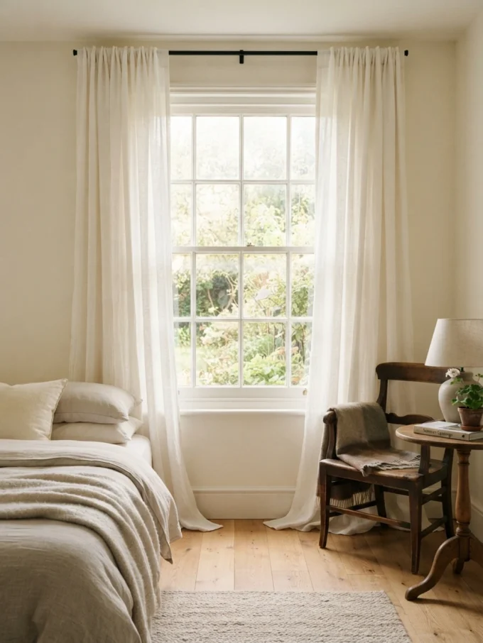 Nancy meyers bedroom with curtains that feel soft and relaxed featuring linen curtains, window treatments, and white finishes.