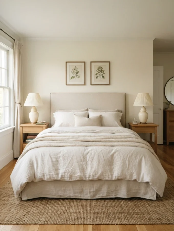 Nancy meyers bedroom with matching bedside lamps for balance.