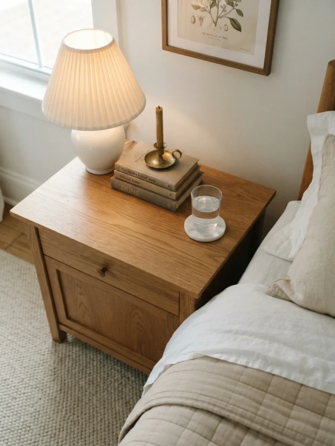 Nancy meyers bedroom with the nightstand classic and functional featuring table lamp, small stack of books, and small decorative object.