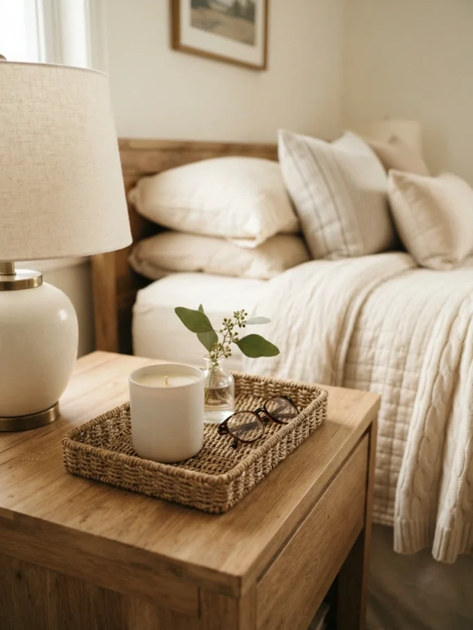 Nancy meyers bedroom with style a nightstand with a small tray featuring small tray.
