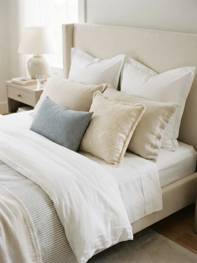 Nancy meyers bedroom with style the bed with plenty of pillows featuring neutral tones.