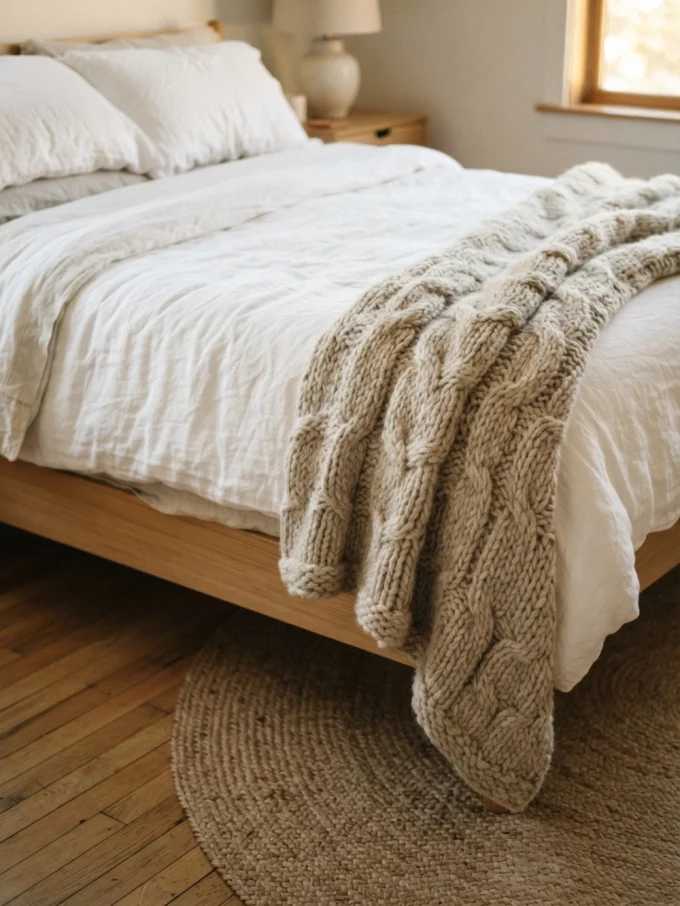 Nancy meyers bedroom with a textured throw at the foot of the bed featuring neutral tones, linen textures, and blue accents.
