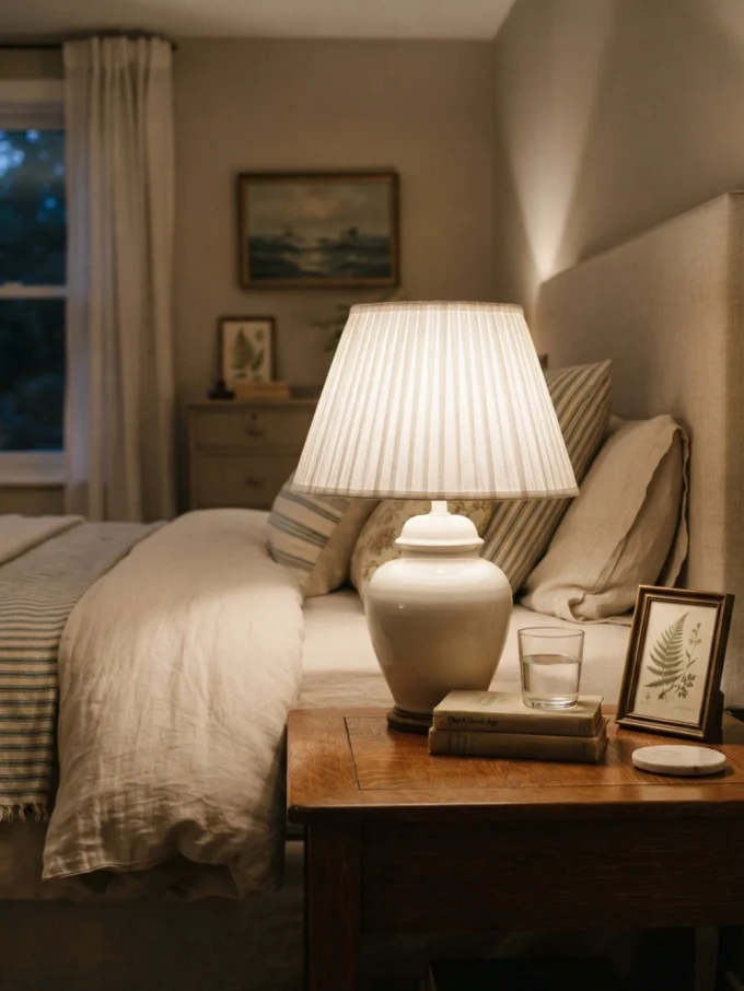 Nancy meyers bedroom with a traditional table lamp featuring brass accents and glass details.