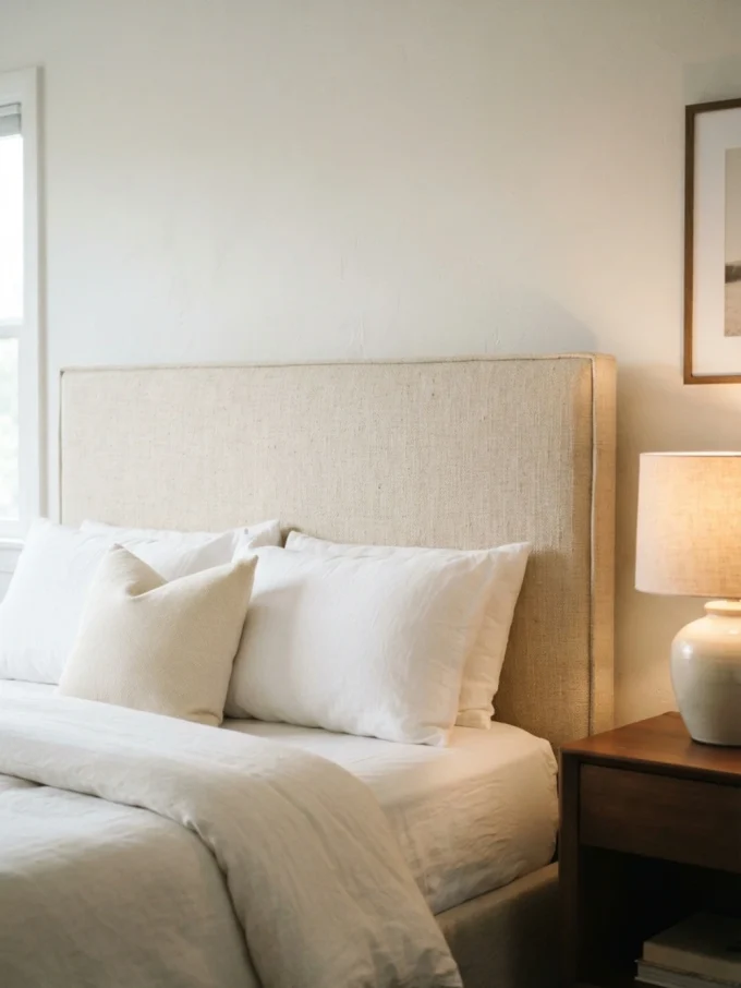Nancy meyers bedroom with an upholstered headboard featuring linen textures, beige tones, and gray tones.
