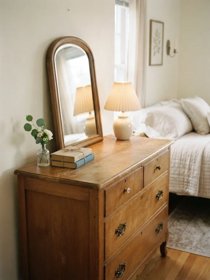 Nancy meyers bedroom with a vintage-inspired dresser.
