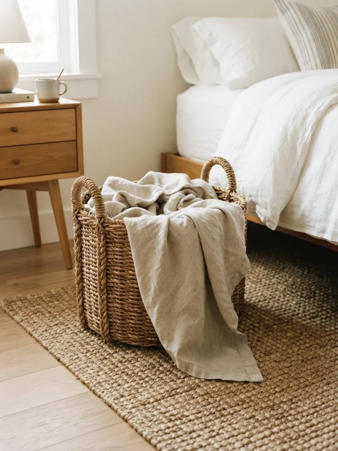 Nancy meyers bedroom with woven and natural accessories featuring woven basket beside the bed and neutral tones.