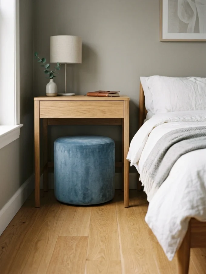 Bedside vanity layout with tuck a small stool underneath featuring round stool and seating you choose.
