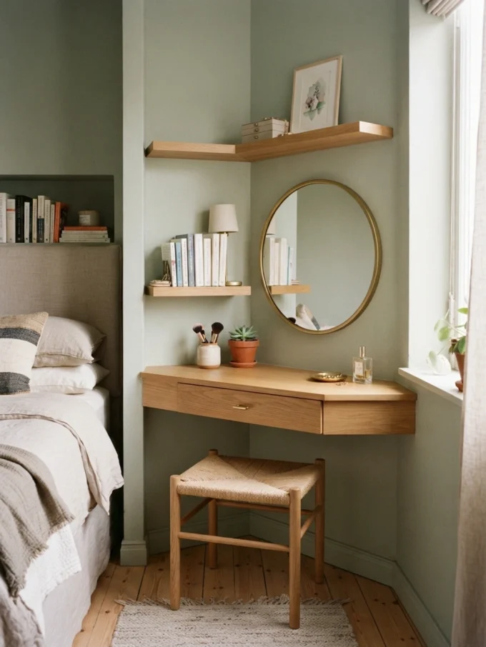 Bedside vanity layout with turn an empty corner into a vanity featuring triangular or corner-shaped desk.