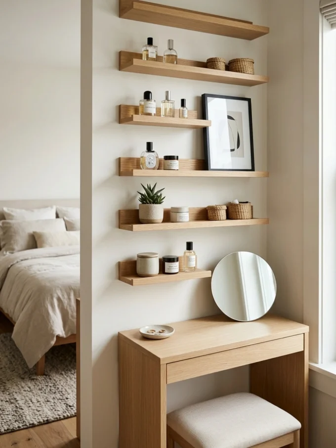 Vertical shelves around the vanity featuring little greenery or framed artwork.