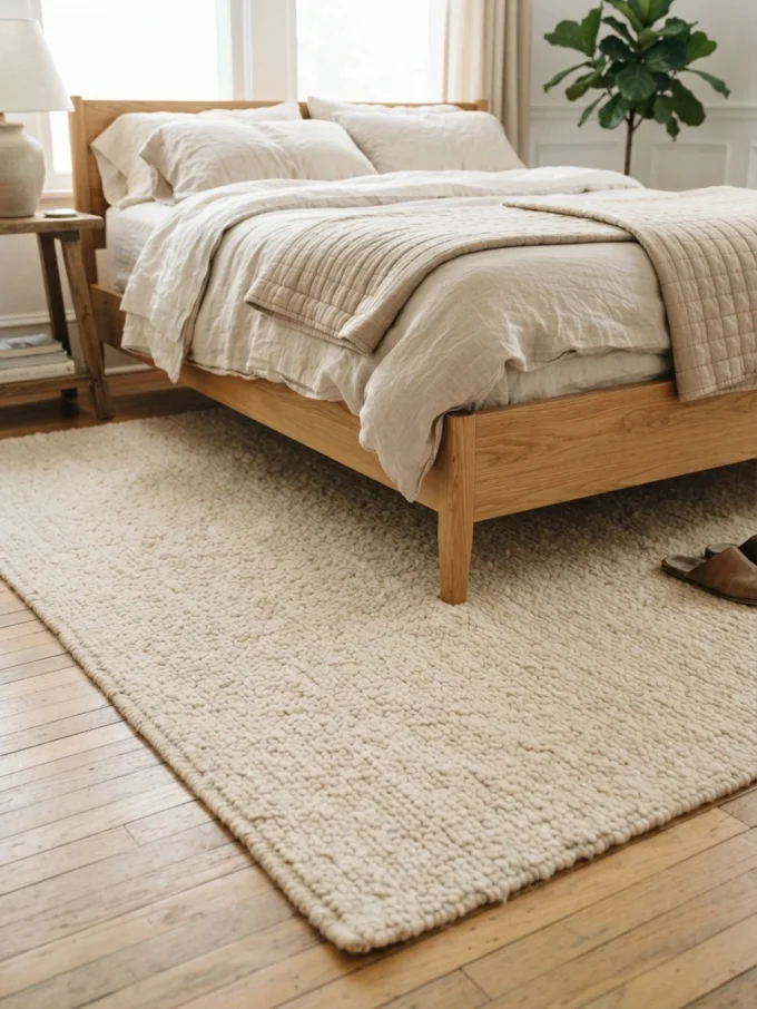 Bedroom with large area rug, neutral tones, and natural fibers.