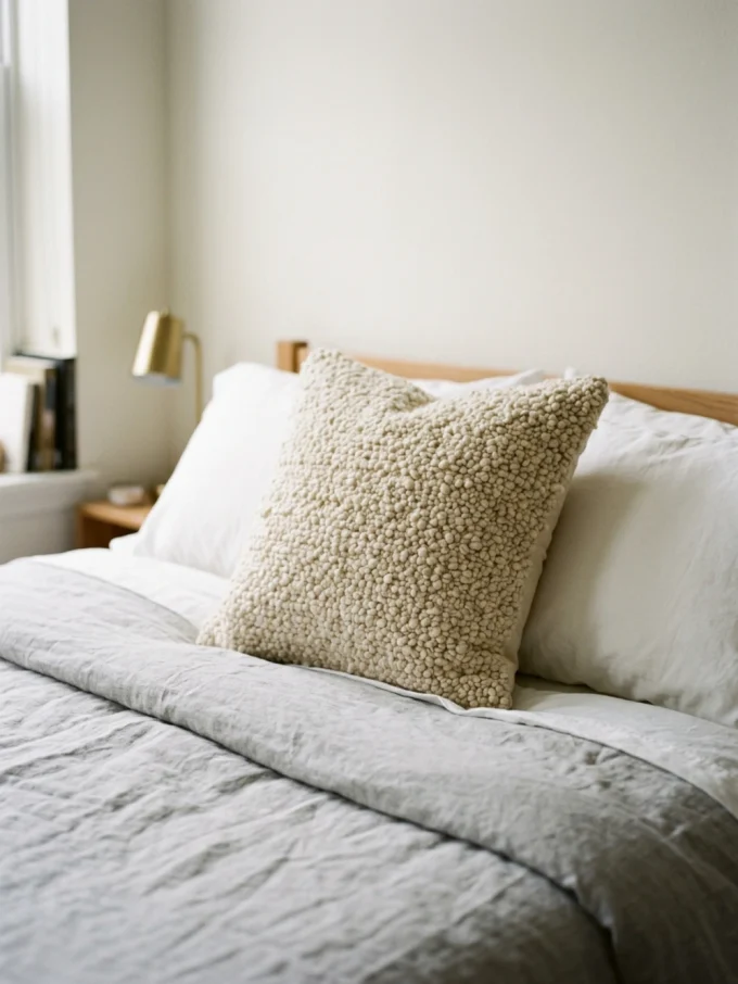 A cream-colored textured pillow on a bed with white pillows and gray bedding