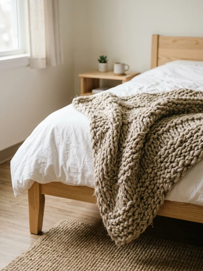 A chunky beige throw blanket draped loosely across the foot of a bed with a white comforter and light wood frame.