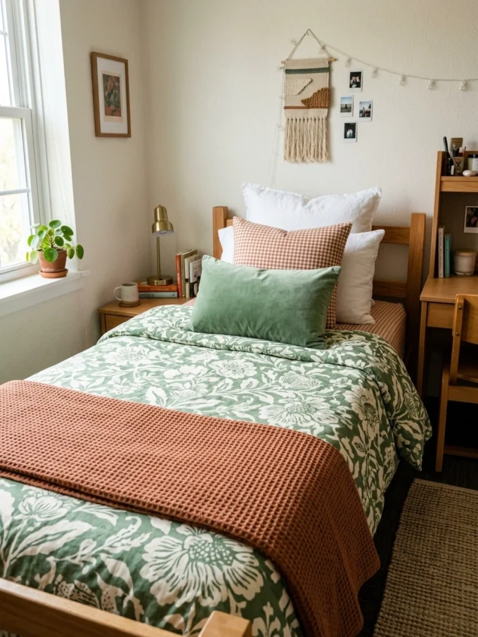 A bed with green floral comforter, orange blanket, and mix of patterned pillows