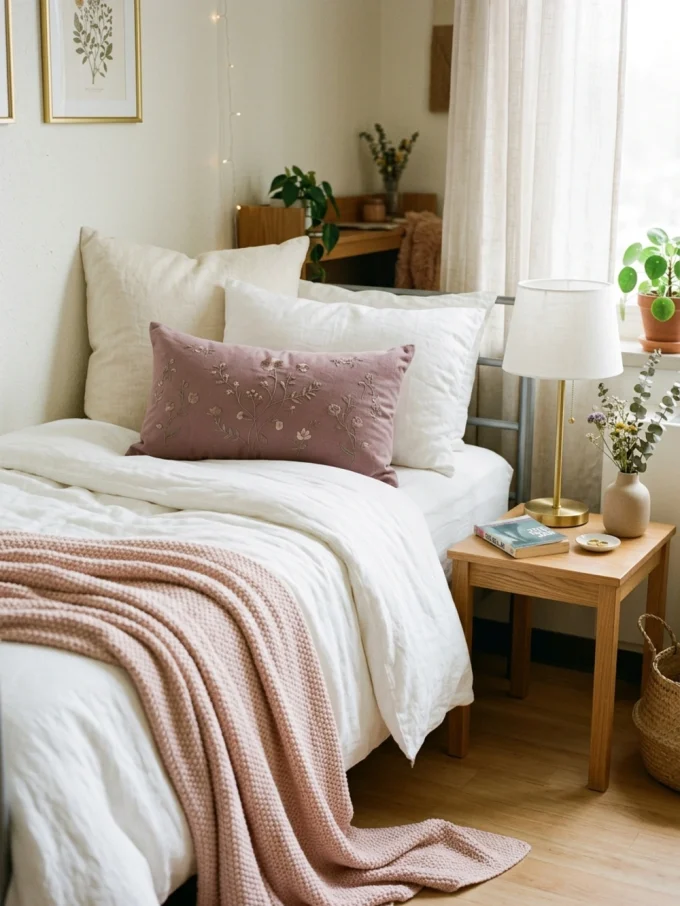 A bed with white sheets and pillows, a pink throw blanket, and a pink floral pillow.
