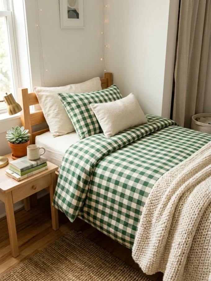 A green and white gingham comforter and pillow on a bed with white pillows and a beige blanket at the foot.