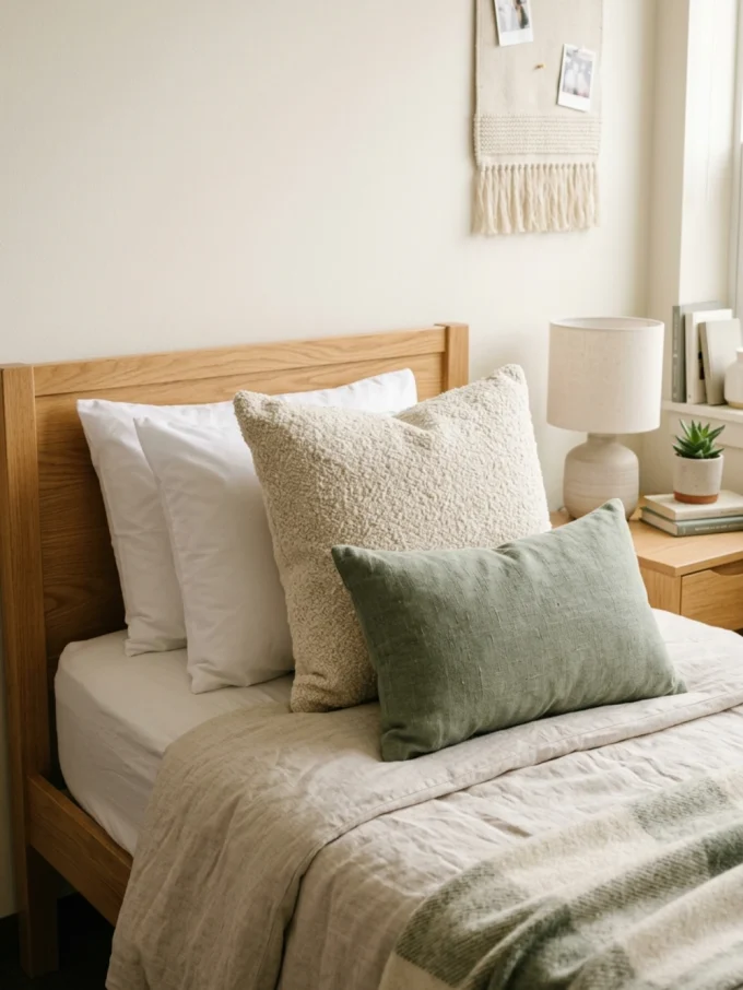 A bed with two standard pillows, one large textured pillow, and one small green pillow