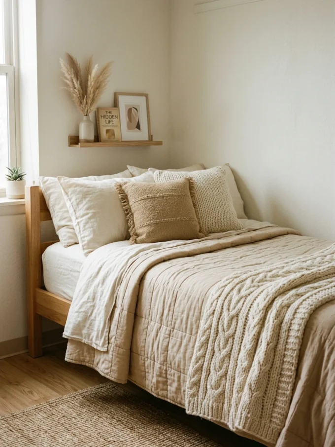 A beige dorm bed with various textured pillows and blankets