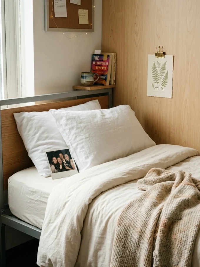 Cozy dorm bedding with personal details without overcrowding featuring your dorm bed, neutral tones, and best personal details are usually small.