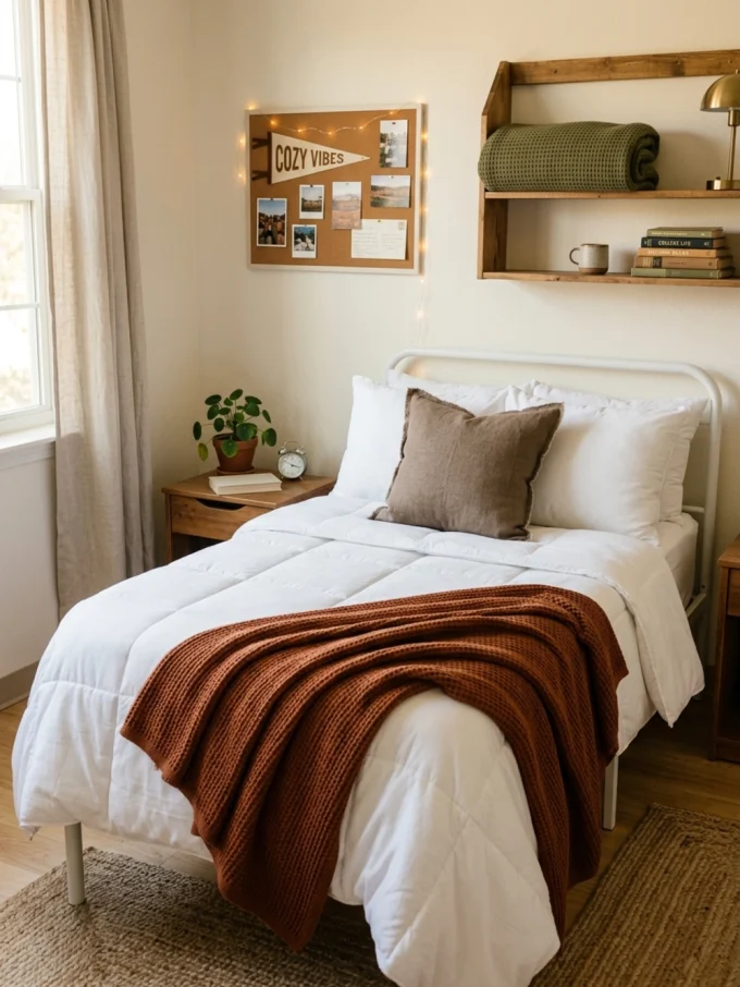 A dorm bed with white bedding, a brown throw blanket, and a brown pillow.