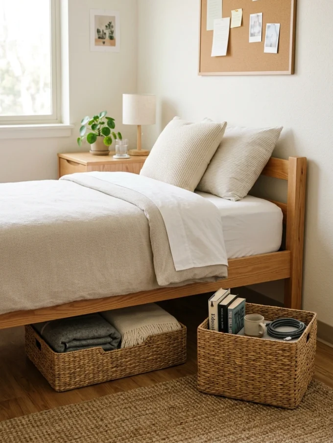 A bed with under-bed storage baskets and a bedside basket