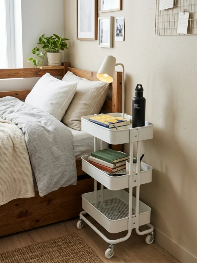 A small white rolling cart beside a bed with books, a lamp, and water bottle on it