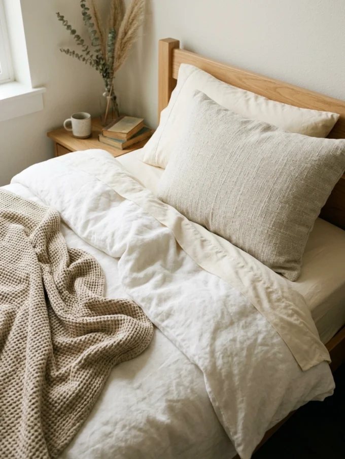 Cozy dorm bedding with start with a soft neutral bedding base featuring white finishes.