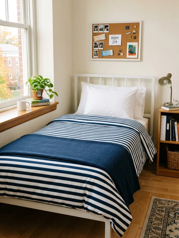 A bed with a blue and white striped blanket and a solid blue throw at the foot, paired with white pillows and a white headboard.