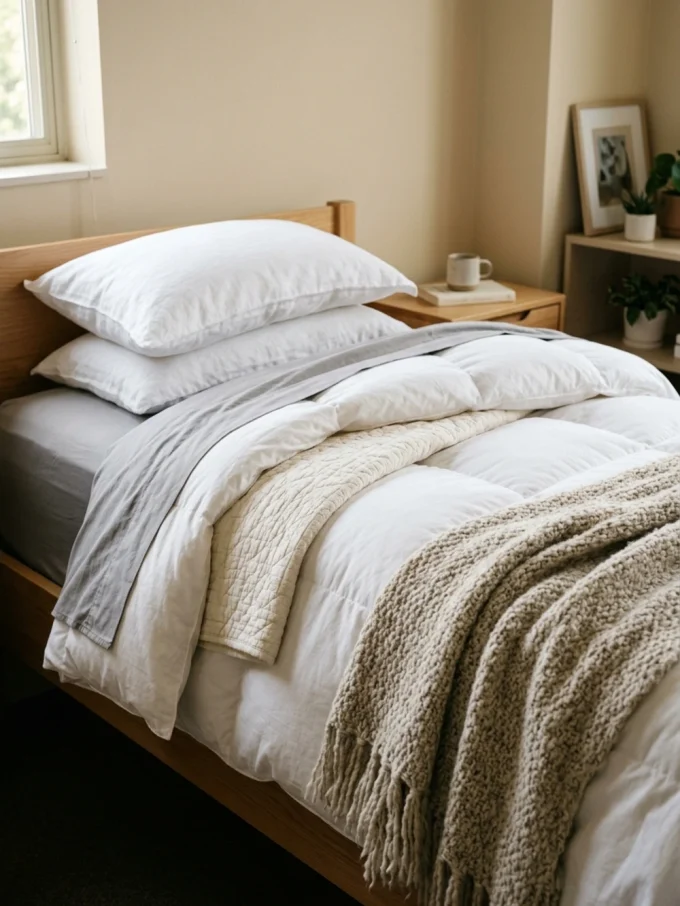 A neatly made bed with layered white and gray bedding, a chunky beige throw blanket, and three pillows.