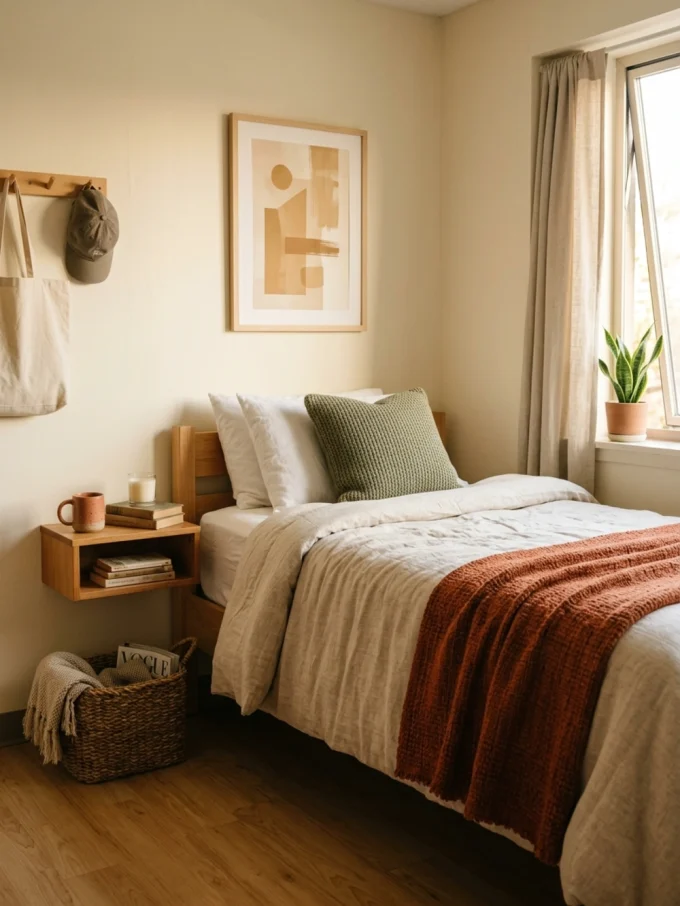A bed with white comforter, orange throw blanket, and green pillow, with wooden nightstand and beige accessories.