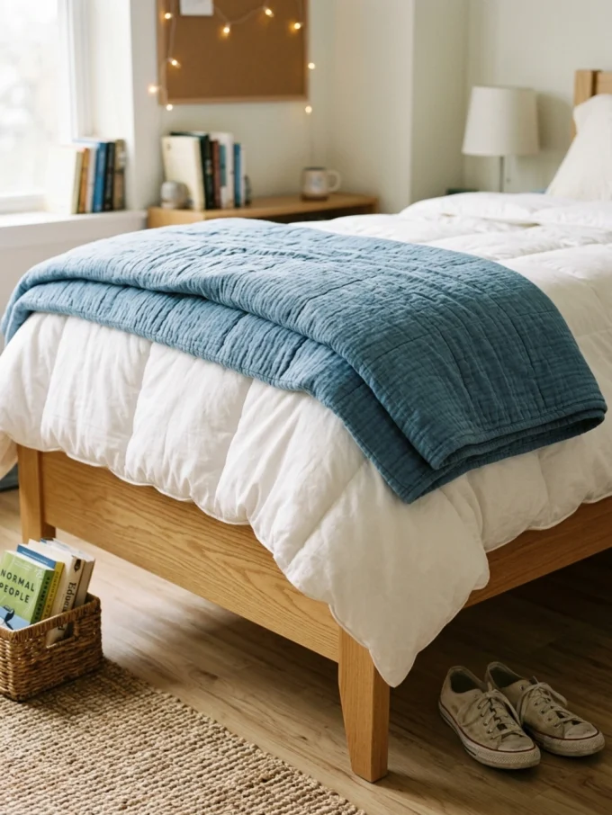 A blue quilt folded at the bottom of a bed with a white comforter